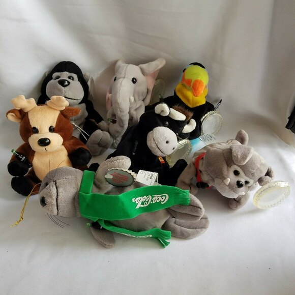 Coca Cola Plush Beanie Babies Lot of 7 Coke Collectibles - Picture 1 of 9